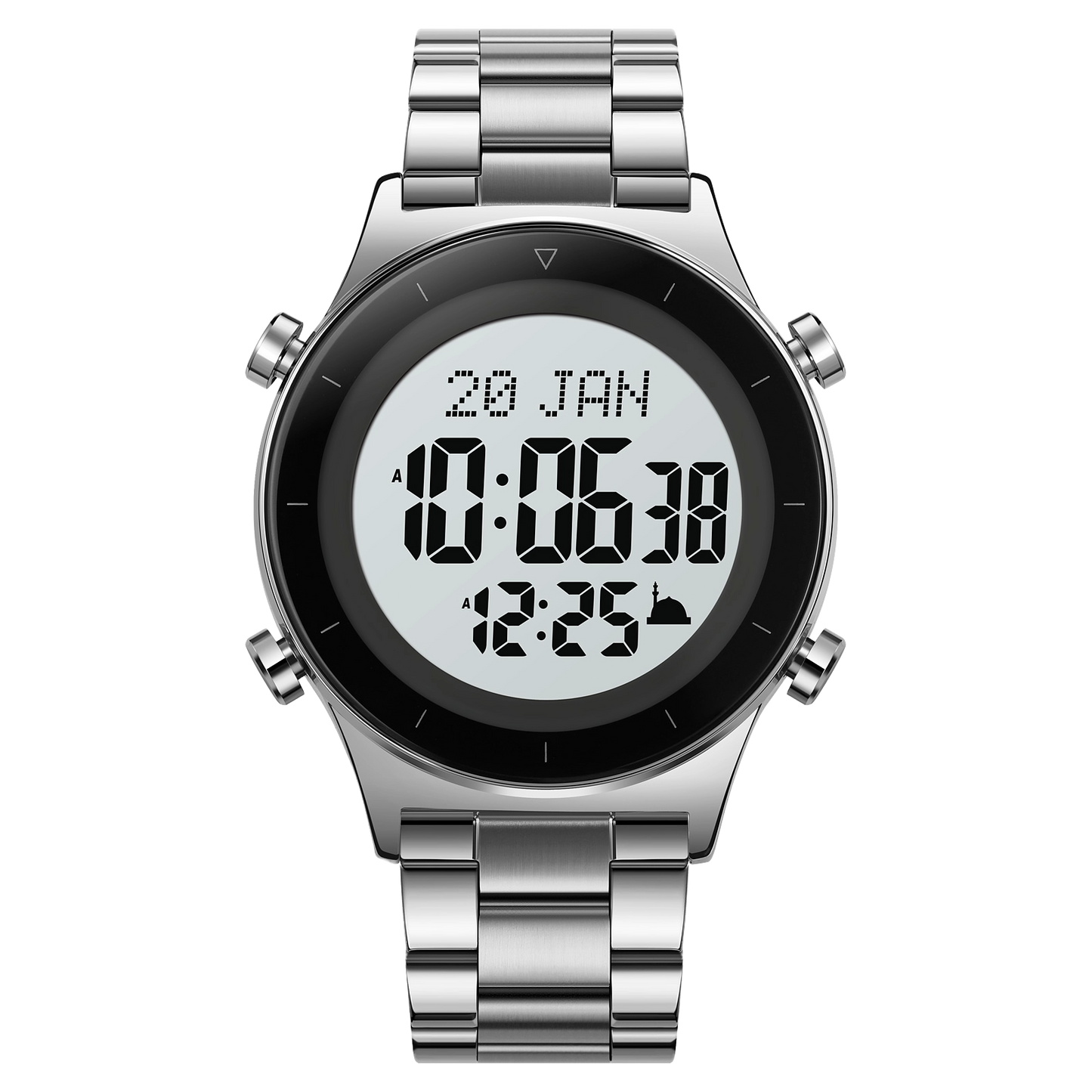 Damascus Muslim Prayer Watch with Digital Display and Stainless Steel Band